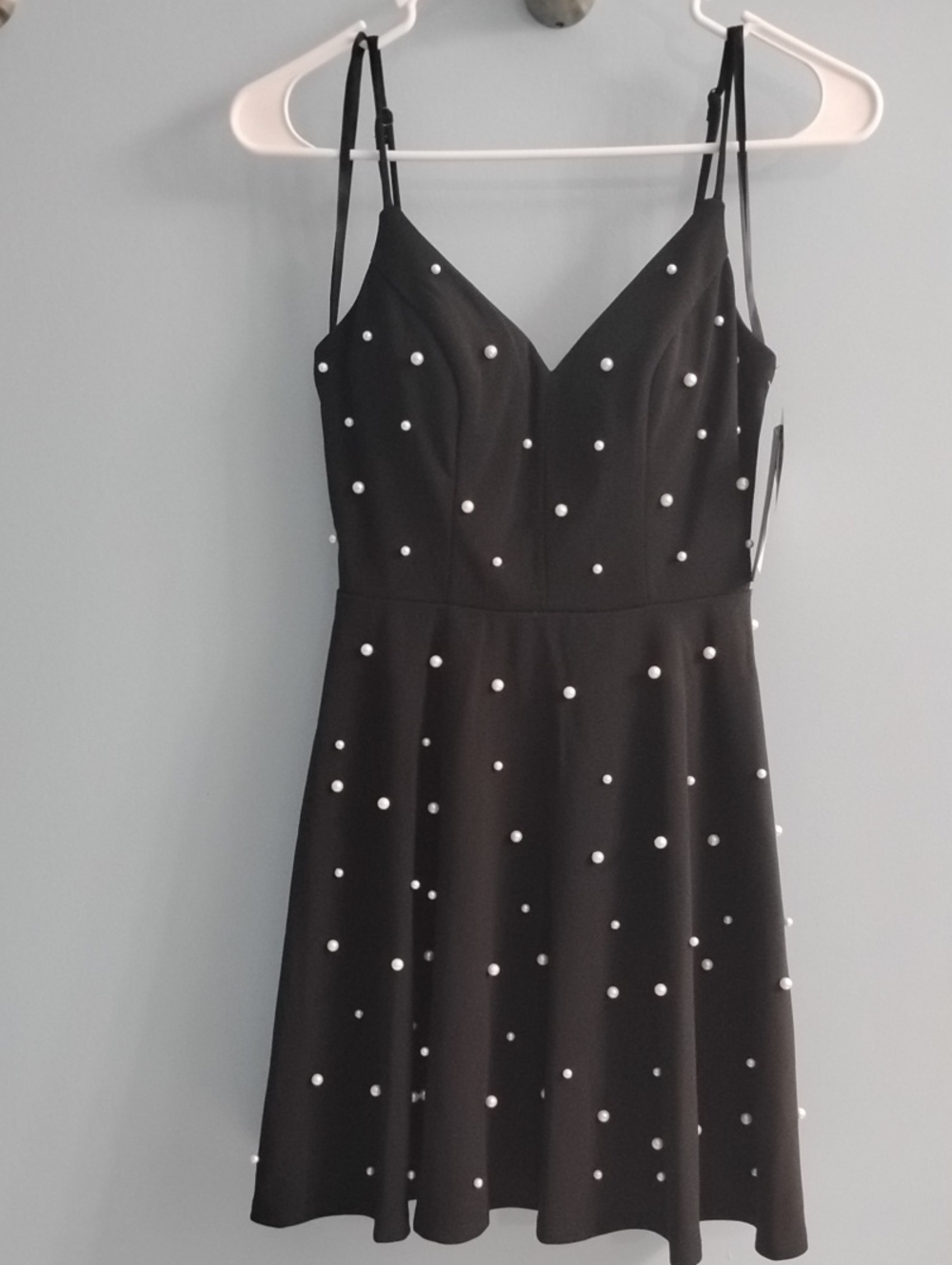 NWT ❤️ Macy's City Studio Black Mini Dress with White Pearl Detailing Size 3/4